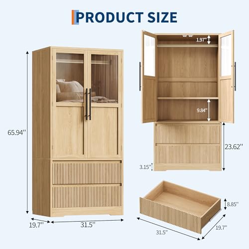 GarveeHome Bedroom Wooden Armoire Wardrobe Closet, Freestanding Large Wardrobe Armoire Cabinet with Glass Doors and 2 Drawers, Shelves & Hanging Rod for Bedroom, Clothes, Natural