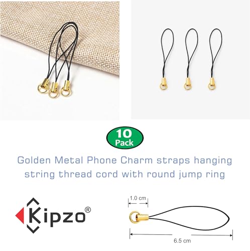 Image of Golden Metal Phone Charm Thread Hanging String Rope Cord Nylon Black with Jump Ring Pack of 10 pcs Clasp for Cell Phone Cover Keyring Pendrive DIY Jewellery Straps with Zip Carry case Pouch