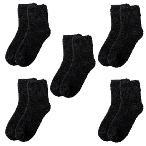 QhgPnt 5 Pairs Black Fluffy Socks Ultra Soft Coral Fleece Socks for Women and Men Cosy Winter Warm Socks for Sleeping Home and Cold Weather Ideal Gifts Choice