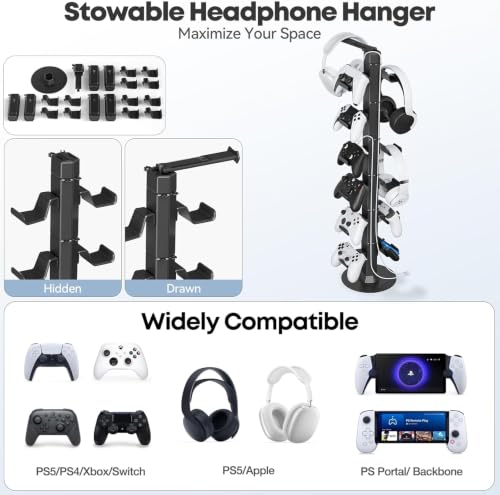 Stojak na kontroler do gier i zestaw słuchawkowy na biurko, z organizerem na kabel ładowarki, stojak na słuchawki do PS5/Xbox/PS4/Switch, metalowy hak kontrolera do przechowywania, z obrotowym