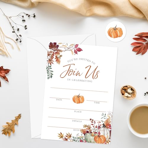 Invitaciones en blanco para Acción de Gracias Whaline con hojas de otoño y diseño rústico 5