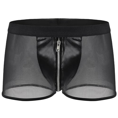 Herren Mesh Boxershorts Leder Kurz Hose Mit Reißverschluss Transparent Wetlook Sexy Unterwäsche Erotische Dessous Erotik Reizwäsche Für Männer...