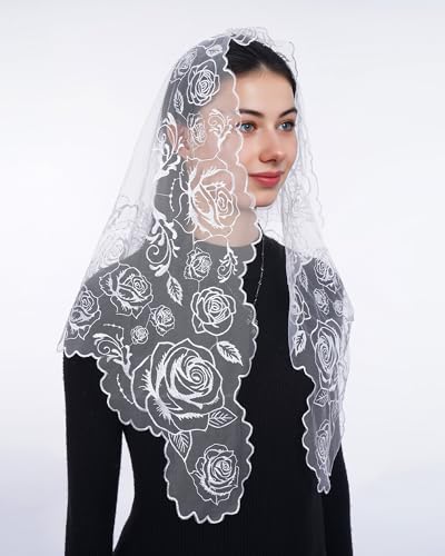 Bozidol Mantilla Veils for Church Catholic, Triangle White Our Lady of Guadalupe Embroidered Lace Chapel Veil, Latin Mass Prayer Scarf Head Coverings for Women - Thumbnail 4