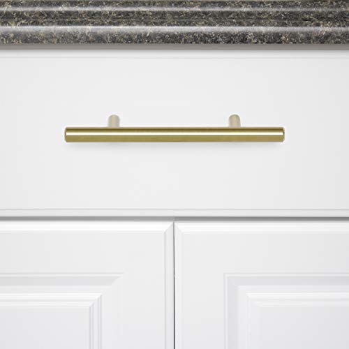 Image of Amazon Basics Euro Bar Cabinet Pulls, Kitchen Drawer Handles, 5.38-inch Length, 3-inch Hole Center, 1 /2-inch Diameter, Golden Champagne, 25-Pack