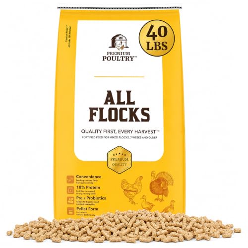 All Flock Poultry Feed Pellets 18% Protein Chicken Feed Made in USA for Mixed Flock Chicken Ducks Geese Turkeys & Game Birds Probiotics for Digestion 40 lbs