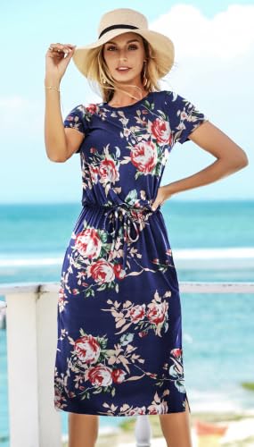 Image of Simier Fariry Womens Summer Hide Belly Knee Length Travel Dress Pocket Short Sleeve Midi Work Casual Outfits