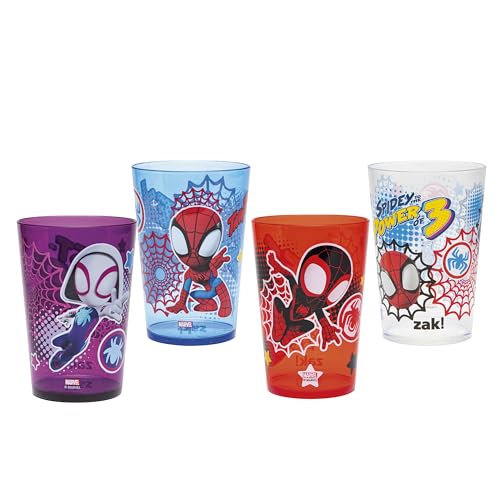 Image of Zak Designs Marvel Spider-Man Nesting Tumbler Set for At Home, 14.5oz Non-BPA Plastic Cups, 4-Pack (Spidey and His Amazing Friends)
