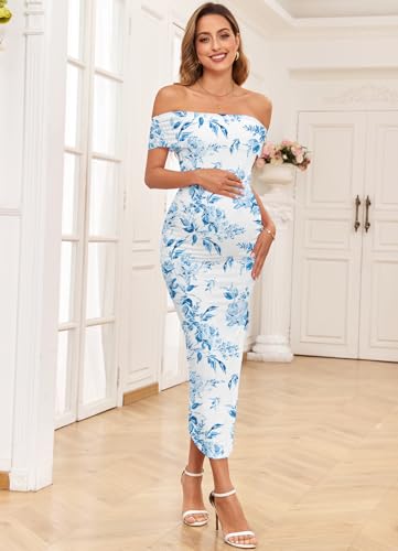 Image of AISWI Maternity Mesh Split Dress Off The Shoulder Ruched Bodycon Pregnancy Dresses Baby Shower Photoshoot, Without Belt, Floral1: White & Blue, Large