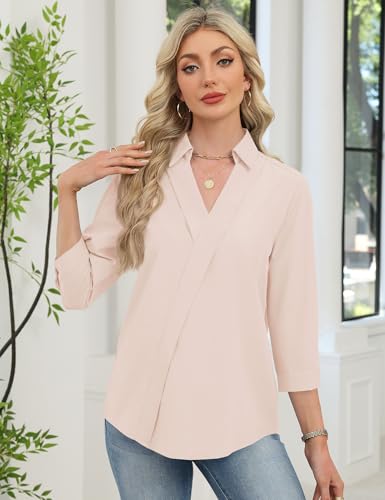 Image of LOMON 3 /4 Length Sleeve Womens Tops Dressy V Neck Collared Shirts Trendy Business Casual Work Blouses Vacation Outfits 2026