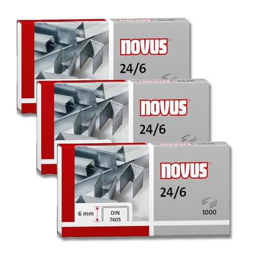 Novus Heftklammern 24/6, verzinkt, 1000 Stück pro Packung (3x1000), 6mm, für Papierstapel bis 25 Blatt