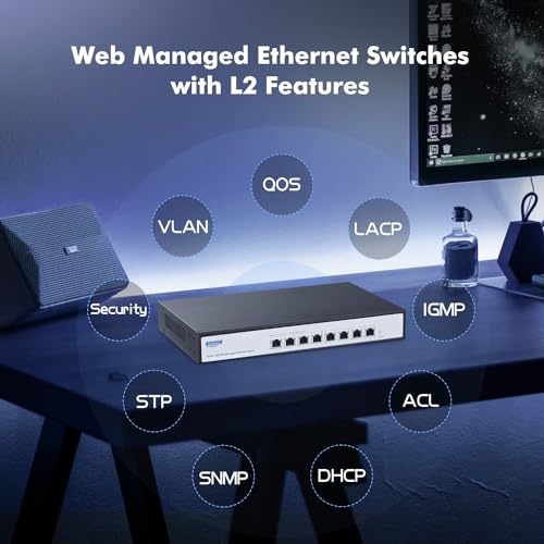 Image of 10G Switch 8 Port Managed, 10G /5G /2.5G /1000M Ethernet Auto-Negotiation, 160Gbps Bandwidth, Support LACP /QOS /VLAN /IGMP, Desktop /Rackmount YuLinca Managed Network Switch