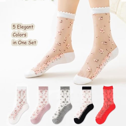 DXYAKY 5 Pairs Sheer Floral Socks for Women, Embroidered Mesh Lace Ankle Socks, Breathable Summer Cute Transparent Stockings2