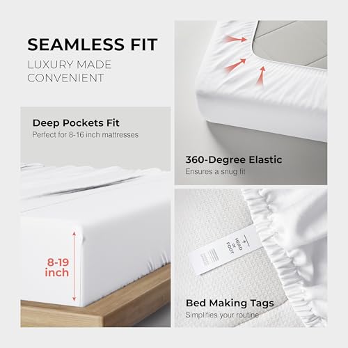 Image of THREAD SPREAD 100% Egyptian Cotton King Size Sheets Set - Luxury 1200 Series Plush Collection Egyptian Cotton Sheets King Size (4 PC, White), Silky Soft, Cooling, 17 inch Deep Pocket Bed Set