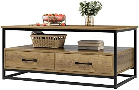 HOCSOK Mesa de Centro para Salón y Oficina Mesa de Café Rectangular con 2 Cajones y Estantes para Almacenamiento Mesa Salón de Madera y Metal Marrón Estilo Industrial 108x58x48 cm