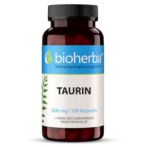 Taurin Kapseln – 100 Stück, hochdosiert mit 500 mg Taurin und Vitamin B1, für Sport & Fitness, Pre-Workout Booster ohne Koffein von BIOHERBA PZN 17190252