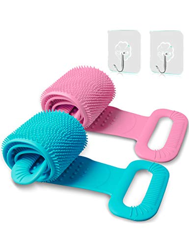 Silicone Shower Brush for Massage/SPA/Shower，Long Back Scrubber Body Brush with Handle for Woman/Man Bath，Exfoliating Skin and Stimulating Lymphatic Drainage (Pink+Blue)