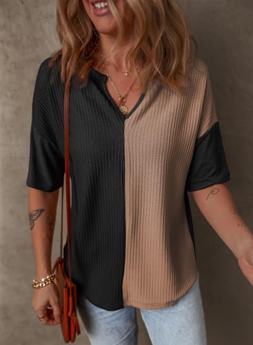 Dokotoo Womens Summer Tops Fashion 2025 Half Sleeve Fluffy Touch Waffle Knit Shirts Casual V Neck Colorblock Patchwork Blouse4