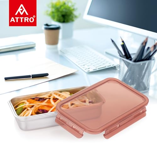 Image of Attro Steelox Rectangle Stainless Steel Container with Plastic Seal Lid BPA Free Food Grade Leak-Proof Ideal for School, Office & Outdoor Lunch Pack - 560ml Brown