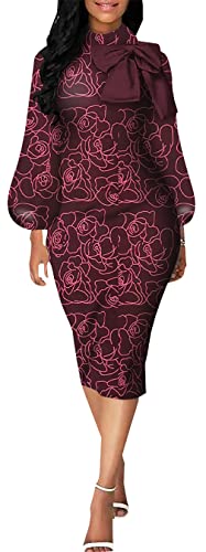 Image of Sexy Long Sleeve Dress for Women Solid Color Bow Knot Turtleneck Formal Gown Midi Casual Church Dresses