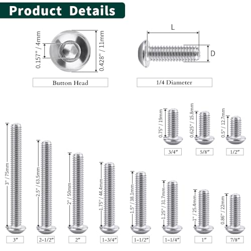 Image of 1 /4-20 x 3 /4 inch Button Head Socket Cap Bolts Screws, 304 Stainless Steel 18-8, Allen Hex Drive, Bright Finish, Fully Machine Thread, Pack of 30