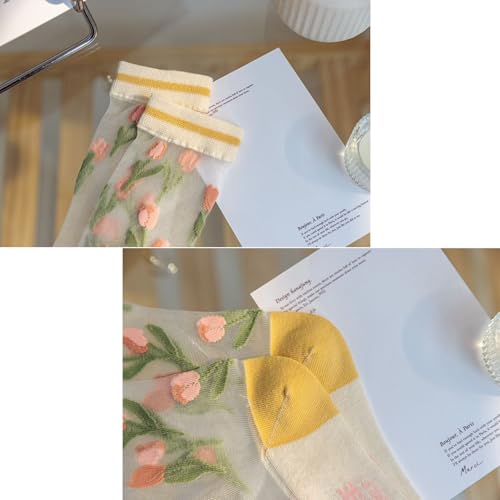 Image of Starella Womens Summer Sheer Socks Mesh Cute Floral Dress Sock Transparent Nylon See Through Stockings 3 Pairs