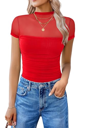 Image of Avidlove Women's Short Sleeve Bodysuit Turtle Neck Body Suits Mesh One Piece Leotard Going Out Tops Date Outfits