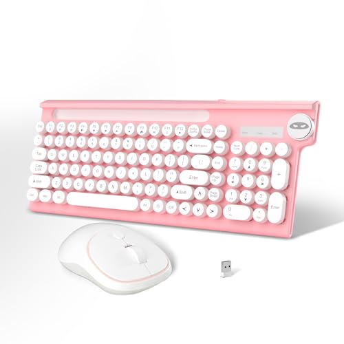 Image of Pink Wireless Keyboard and Mouse Combo, MageGee 2.4G USB 101Keys officeTypewriter, Waterproof Cute Round Retro Aesthetic Keyboard for Computer,PC,Desktops,Laptop, Mac(White Pink)