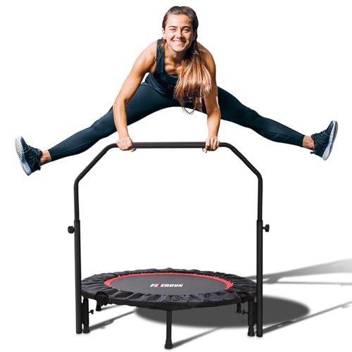 450/550LBS Mini Rebounder Trampoline for Adults with Bar Fitness Trampoline with Bungees Adjustable Handle Stable & Quiet Whole-Body Workout & Relaxation at Home-40IN/48IN (RED 40IN)