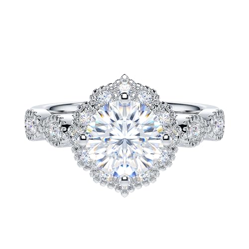 THELANDA 1.5CT Round Cut Genuine Moissanite or Simulated Diamond Sterling Silver Milgrain Vintage Promise Ring Halo Engagement Ring