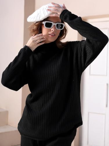 Image of Kvetoo Women Winter Coord Set Wool Blend High Neck Sweater and Wide Leg Pants Warm Tracksuit Pajama Set Two Piece Knitwear Travel Wear for Lounge Casual Office