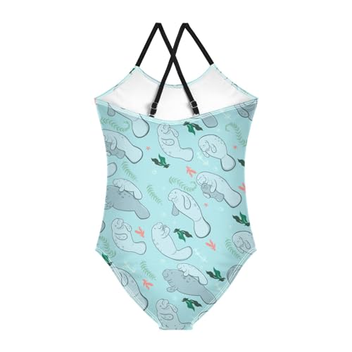 Manatees Girls One Piece Swimsuits Algae Green Sport Halter Swimwear Beach Bathing Suit 9-10T2