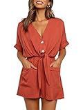 Womens V Neck Button Rompers Knot Tie Short Sleeve Sexy Loose Playsuit Jumpsuit with Pockets