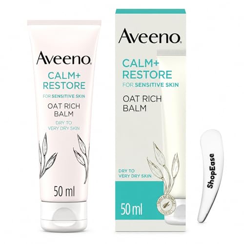 Image of Aveeno Calm+ Restore Oat Rich Balm for Sensitive Skin, 50ml with Cosmetic Spatula | Dry to Very Dry Skin Moisturiser & Skin Soothing Balm
