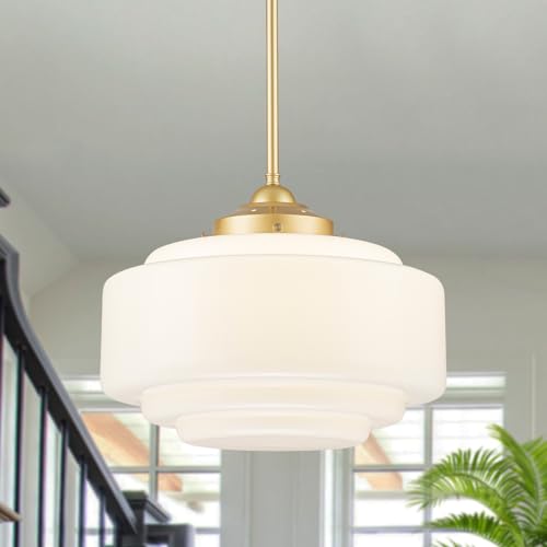 Milk Glass Pendant Light 14 Mid Century Modern Pendant Lighting Fixture With Gold Metal Vintage Schoolhouse Chandelier For Dining Room Kitchen Island Living Room Bedroom Adjustable Height (E26)