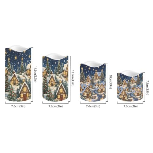 Image of Christmas Flameless Candles Set of 4 | Winter Village, Flameless Candles with Remote Control, Flickering LED Candles with Timer for cozy Christmas