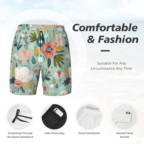 Men's Colorful Flora Print Quick-Dry Mesh Swim Trunks Stretch Lining Beach Shorts Surfing Summer Vacations4