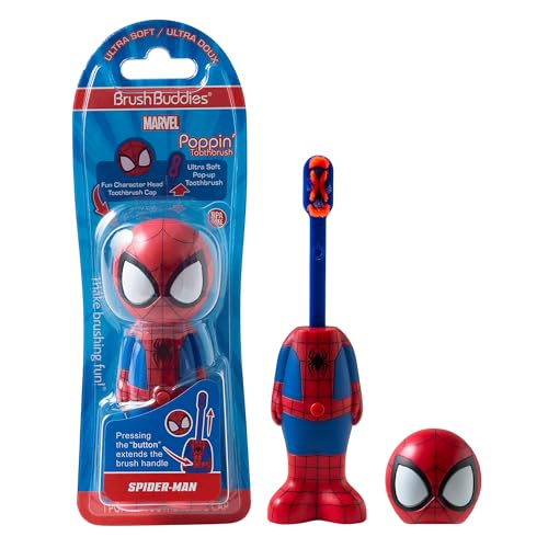 Image of Brush Buddies Marvel Spider-Man Toothbrush for Kids, Soft & Rounded Bristles, Poppin' Fun, Ultra Soft Pop-up Brush Head with Superhero Brush Cover