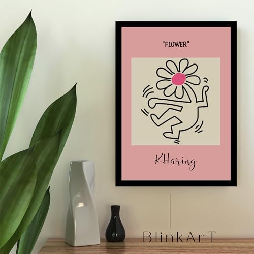 Image of BLINKART Flower by K.Haring Abstract Wall Art Painting Print Design Aesthetic Wall Decor Photo ArtWork Frame Decoration Hanging For Home Bedroom Living Room Office Wall Decor (13 * 10 inches) T0025