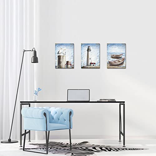 Lovehouse Beach Coastal Canvas Painting Boat Lighthouse And Seagull Pictures Modern Abstract Nautical Artwork For Living Room Bedroom Bathroom Decoration 12X16Inchx3 Pcs #TOP1