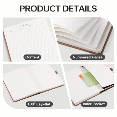 Image of EMSHOI Lined Journal Notebook, 192 Numbered Pages, A5 Size (5.7'' x 8.3'') | Leather Hardcover, 100 GSM Thick Paper, for Women & Men, Journaling, Writing, Work & Office, Sun Debossed (Brown)