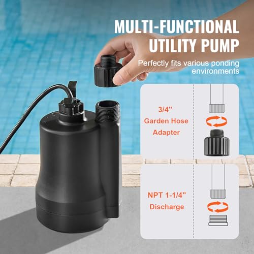 VEVOR Sump Pump Submersible, 1/3 HP, 2450 GPH High Flow, 30 ft Head, Submersible Water Pump, Thermoplastic Sump Pump with 10 ft Power Cord for Draining Water from Pool Garden Pond Basement - Thumbnail 4