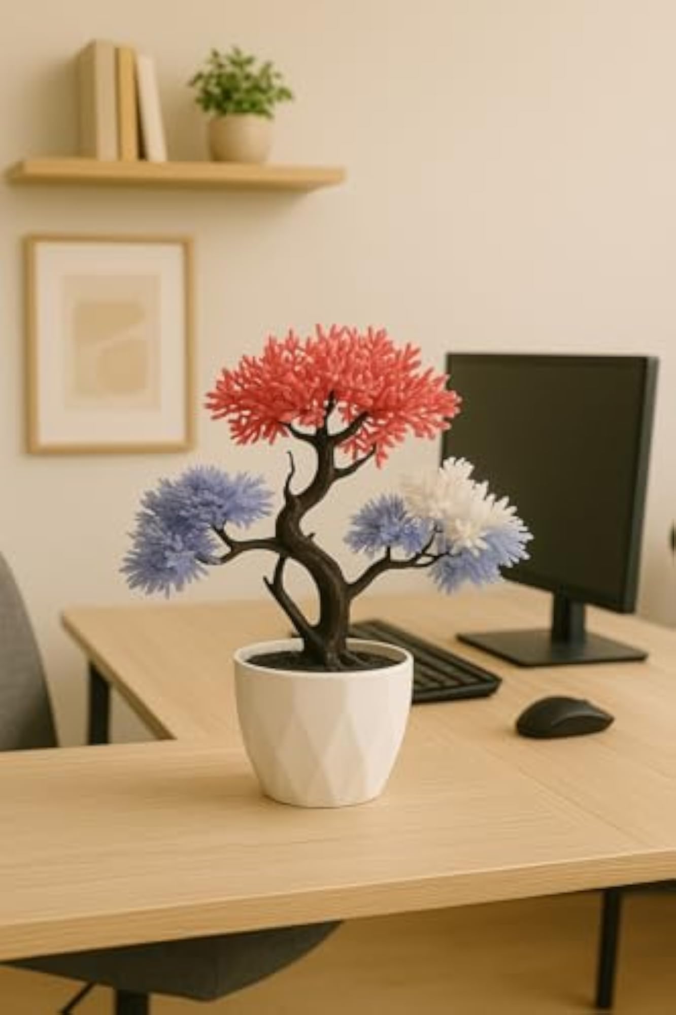 Artificial Bonsai Tree with Flowers in White Plastic Pot