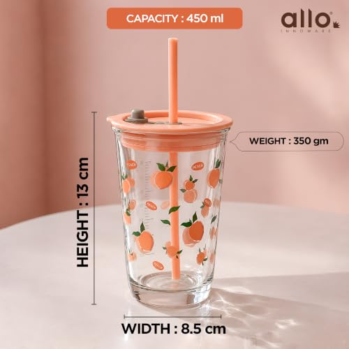 Image of Allo Reusable Glass Mug Sipper Tumbler with Straw, Unique 2 in 1 ANTI Spill Lid | Microwave Safe Leakproof Glass with Anti-Slip Grip for Hot & Cold Coffee| Car, Office, Travel use | 450ml (Pink Peach)