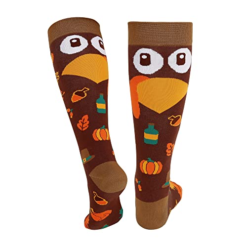 FSTSOCK Funny Thanksgiving Socks Women Novelty Turkey Knee High Socks Fall Leaves Pumpkin Holiday Long Colorful Autumn Stocking