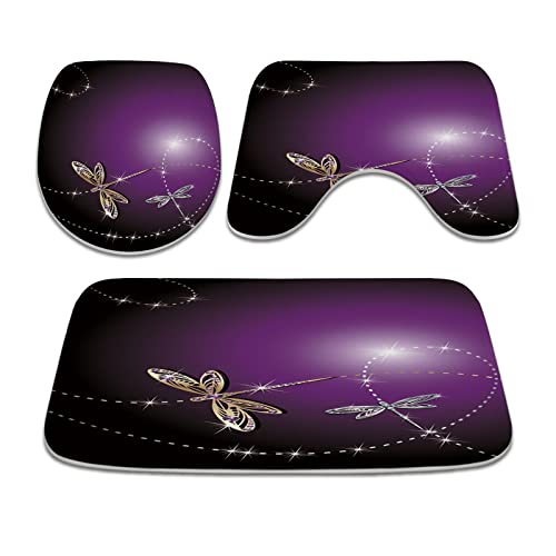 Gold und Silber Elegante Libelle Badezimmer Teppiche und Matten Sets 3 Stück Memory Foam Badvorleger U-Form Kontur Duschmatte rutschfest Saugfähig Samt Toilettendeckelbezug