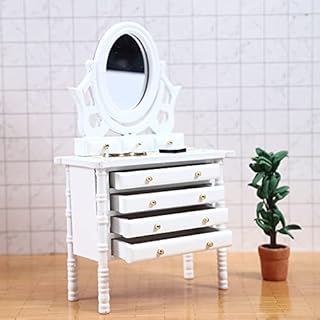Dollhouse Furniture Miniature Vanity Table 1 12 Scale Bedroom Dressing Table Round Mirror with Drawers Doll House Accessories Living Room Pretend Play Scene (White)