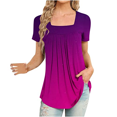 Women Tops Trendy Encanto Short Sleeve Summer Party T Shirts For Women Fit Polyester Square Neck Stretch Tshirts Patchwork Multicolor Tops Ladies Purple Xx-Large #TOP2