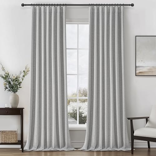 Grey Linen Room Darkening Curtains 96 Inches Long 2 Panels Set for Sliding Glass Doors, Cottage Core Blackout Pleat Light Gray Aesthetic Drapes Soundproof Privacy 8 FT Window Curtain for Office Burg