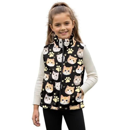 Gomyblomy Cats and Paw Print Vest for Girls 5-6 7-8 Cute Warm Fuzzy Fleece Jacket with Pockets Kids Sleeveless Stand Collar Outerwear Teen Girls Fashion Fall Winter Coats