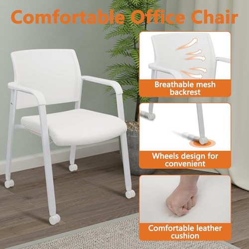 Image of CLATINA Rolling Conference Chairs, 4 Pack Stackable with Wheels and Paddle, Ergonomic Mesh Back and Arms for Meeting, Conference, Training Room & Home Office (White)